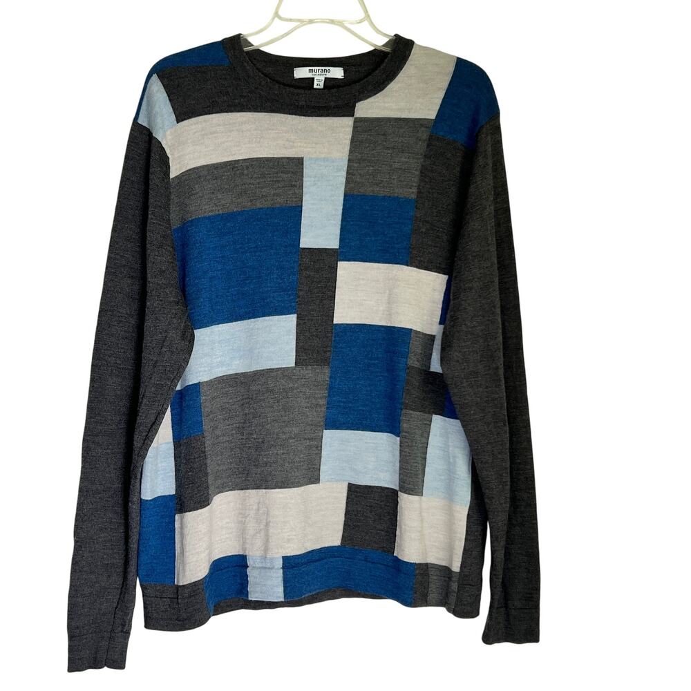 Murano Merino Wool Long Sleeve Pullover Sweater Men's Size XL Gray/Blue/Beige